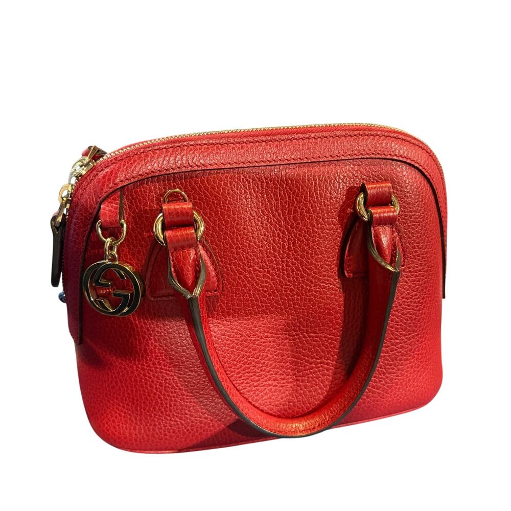 Gucci Interlocking G Dome Satchel Red Pebbled Leather Crossbody w/ Entrupy COA